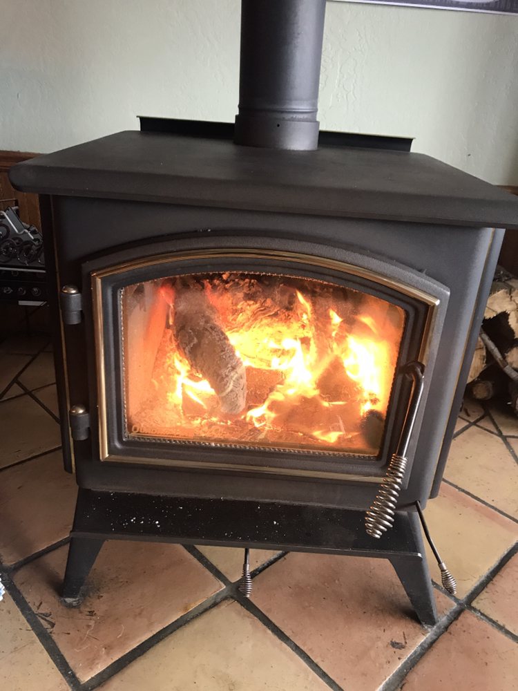 Maynard's cozy wood-stove fireplace on a cold Lake County day